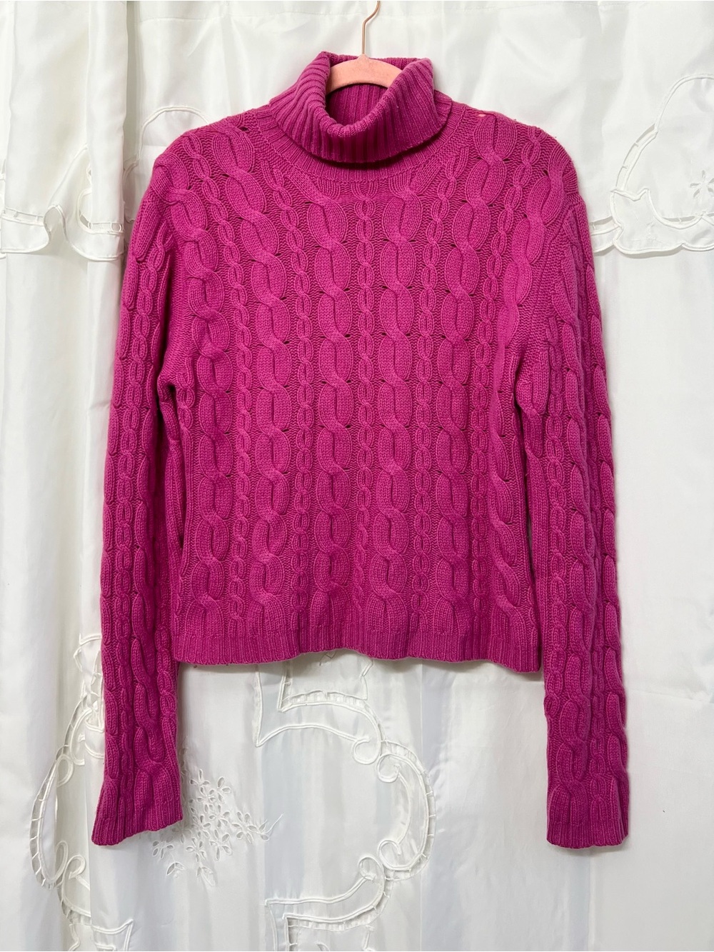 Autumn Cashmere 100% Cashmere Cable Knit Turtleneck Sweater Pink Size L